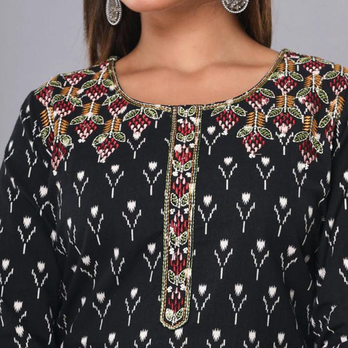 Black Floral Printed With Embroidered Pure Cotton Kurti - Peachmode