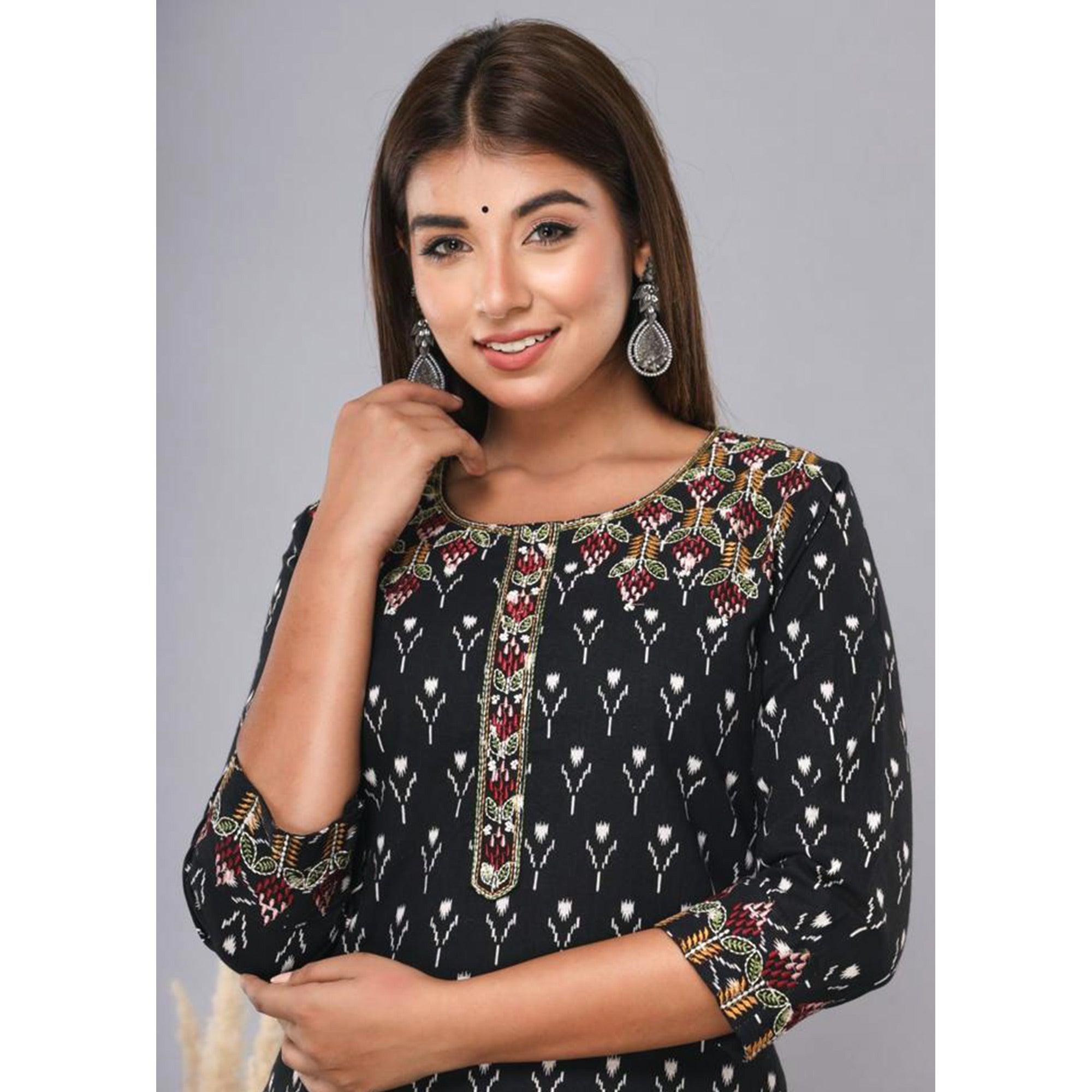 Black Floral Printed With Embroidered Pure Cotton Kurti - Peachmode