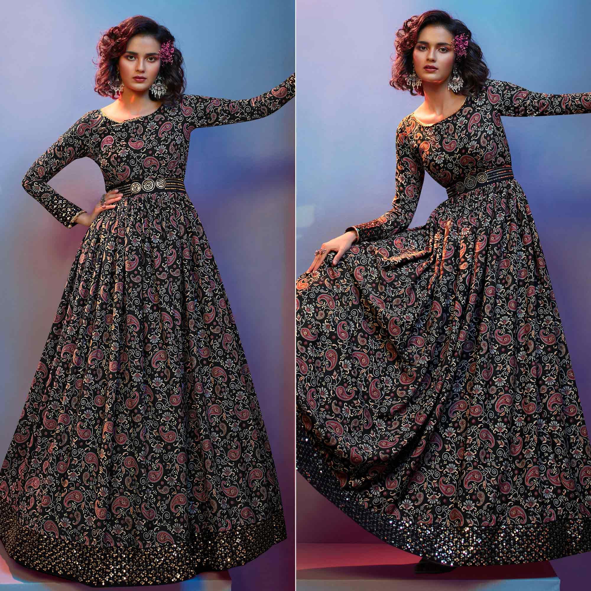 Black Floral Printed With Sequence Pure Silk Anarkali Style Gown - Peachmode