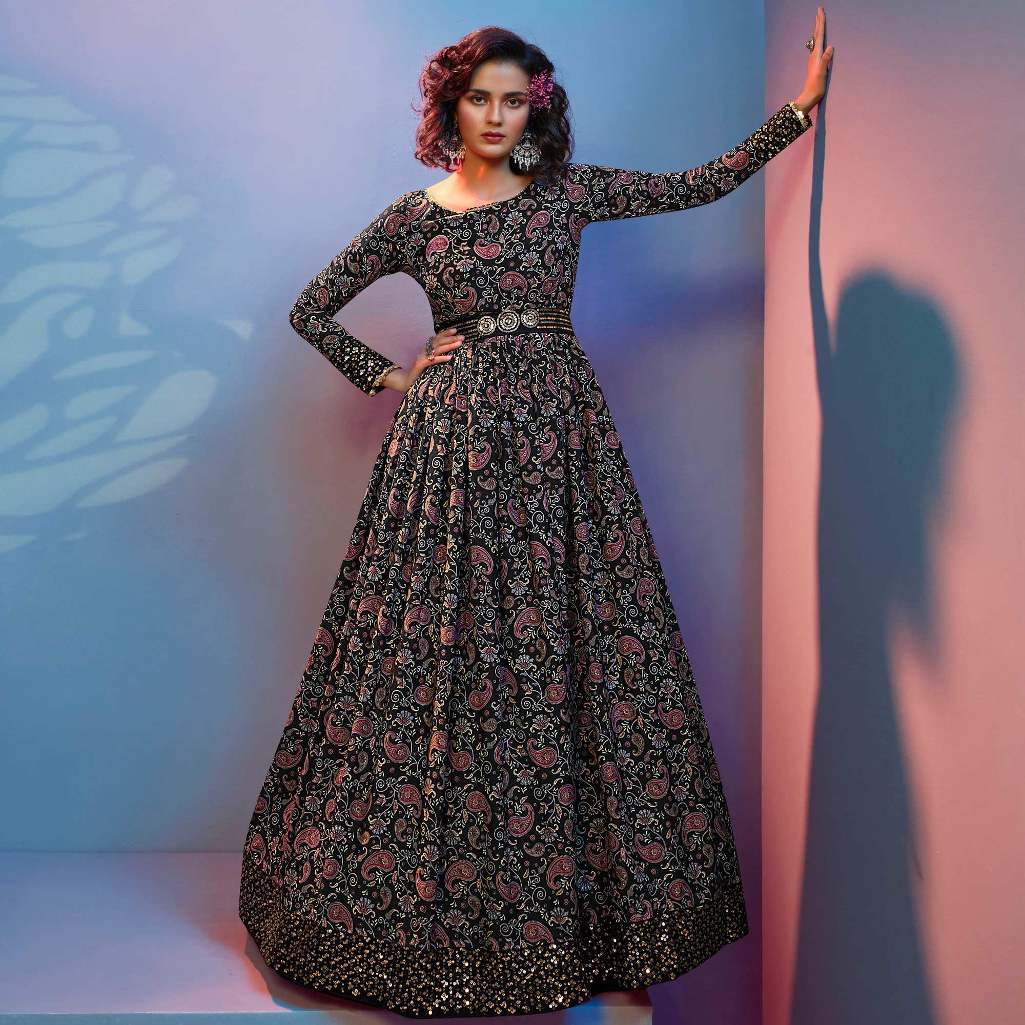 Black Floral Printed With Sequence Pure Silk Anarkali Style Gown - Peachmode