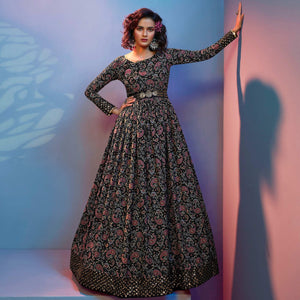 Black Floral Printed With Sequence Pure Silk Anarkali Style Gown - Peachmode