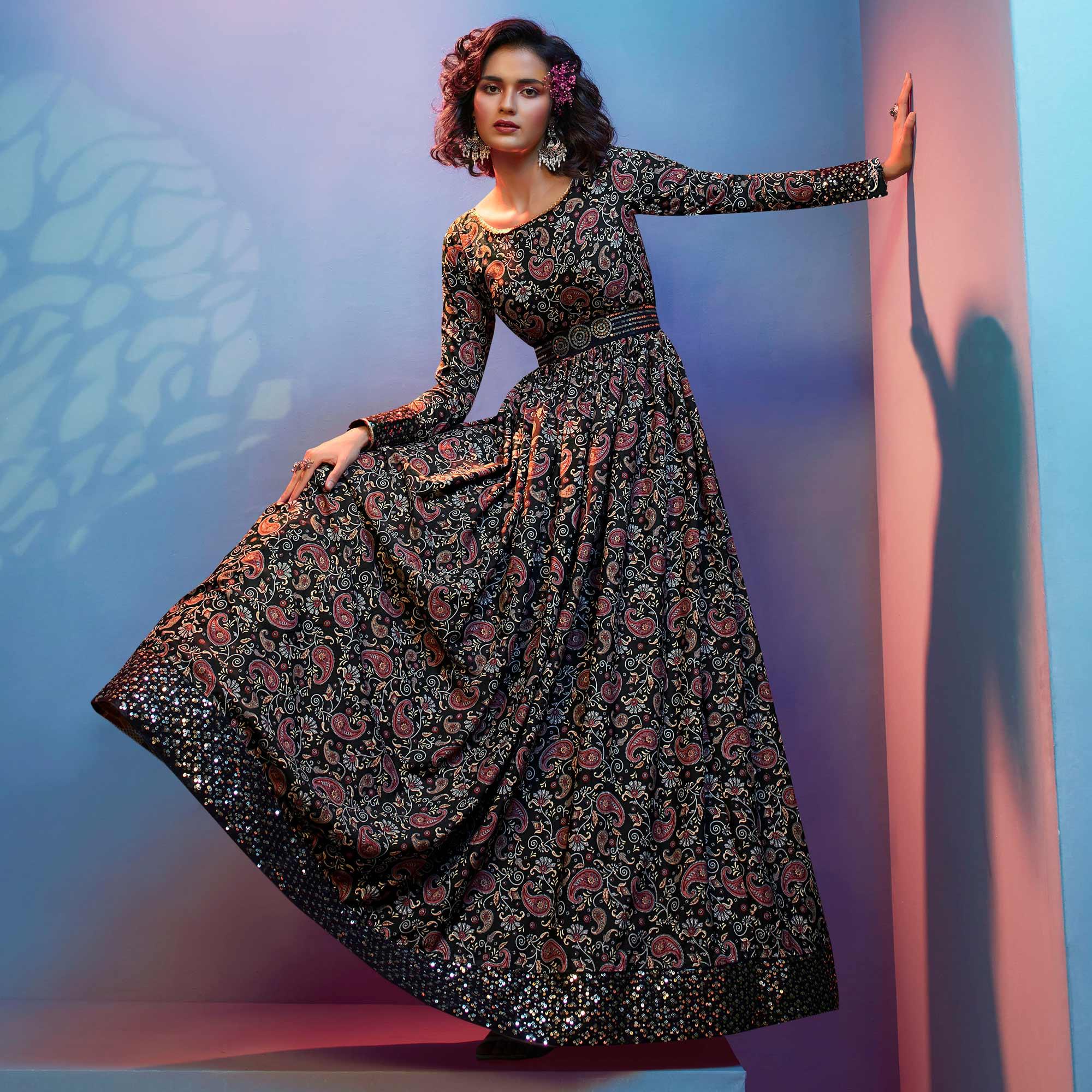 Black Floral Printed With Sequence Pure Silk Anarkali Style Gown - Peachmode