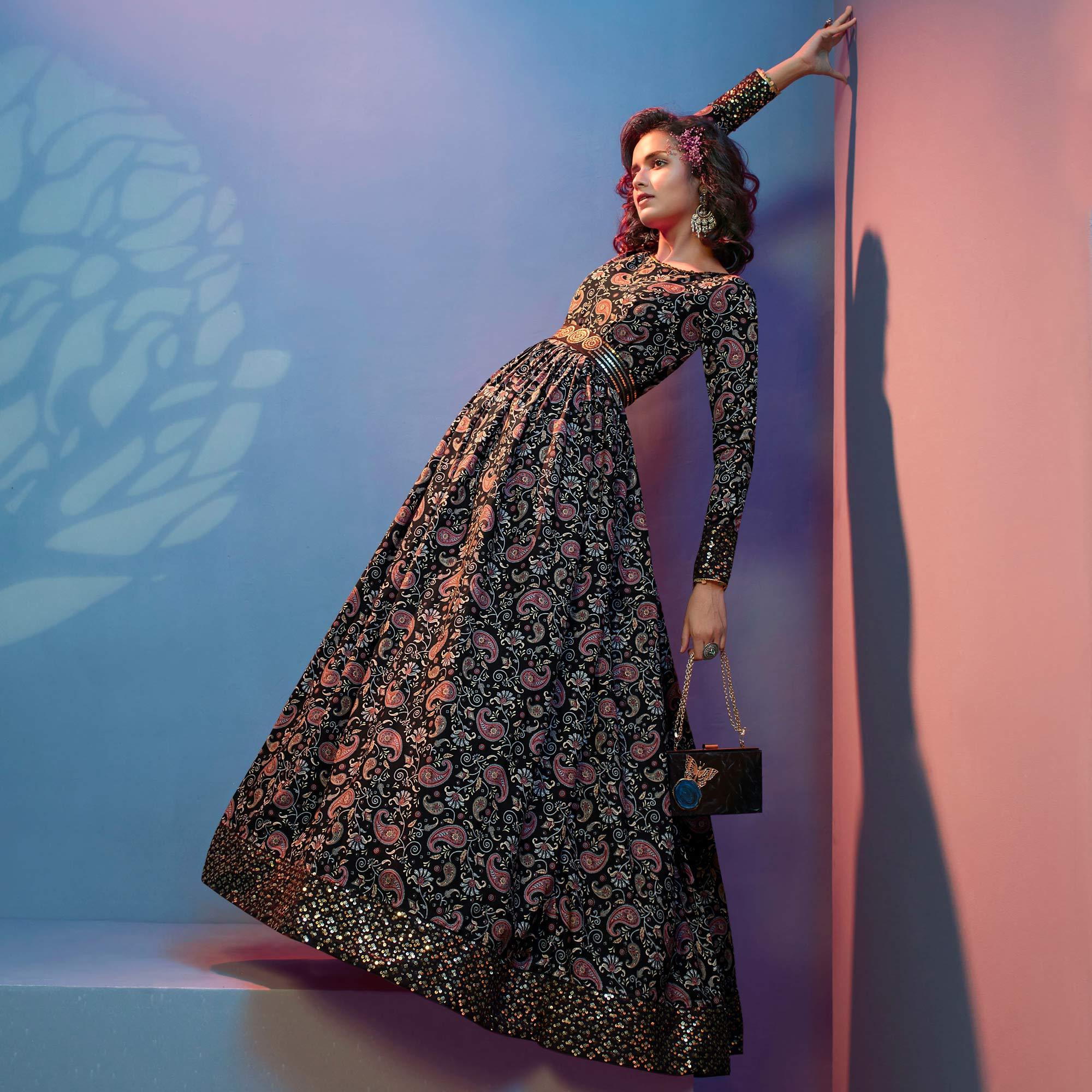 Black Floral Printed With Sequence Pure Silk Anarkali Style Gown - Peachmode