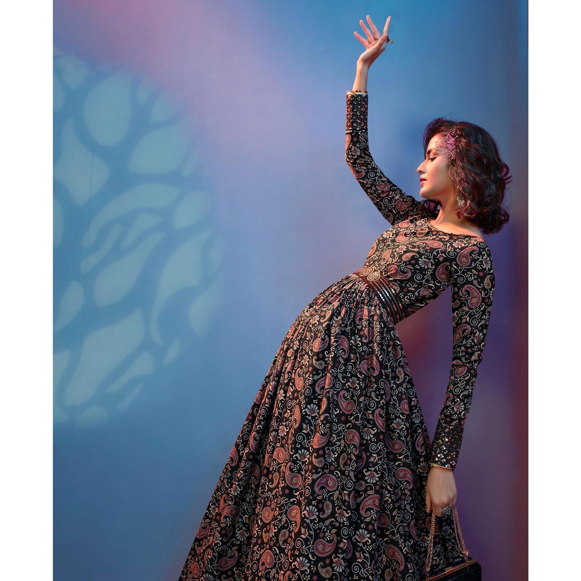 Black Floral Printed With Sequence Pure Silk Anarkali Style Gown - Peachmode