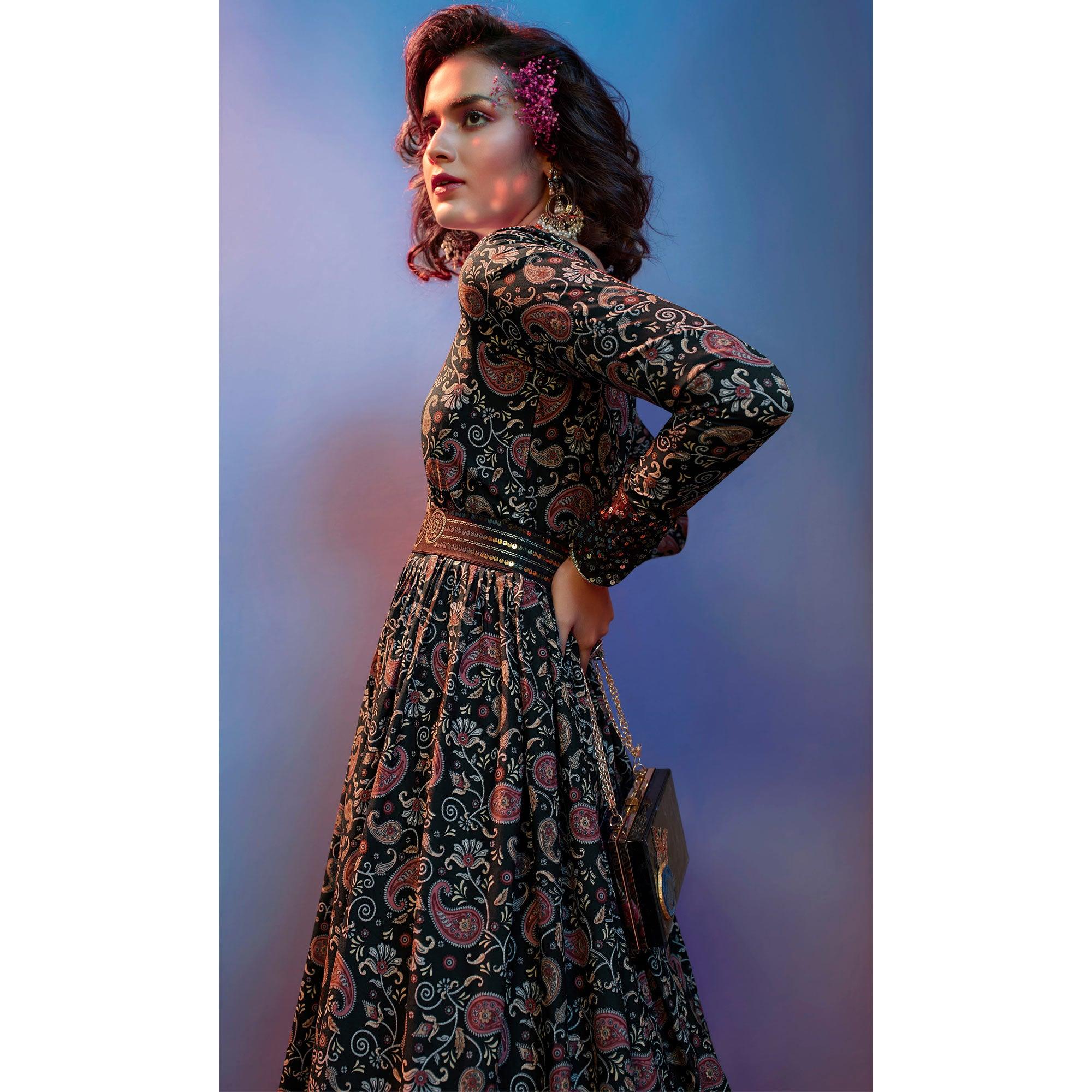 Black Floral Printed With Sequence Pure Silk Anarkali Style Gown - Peachmode
