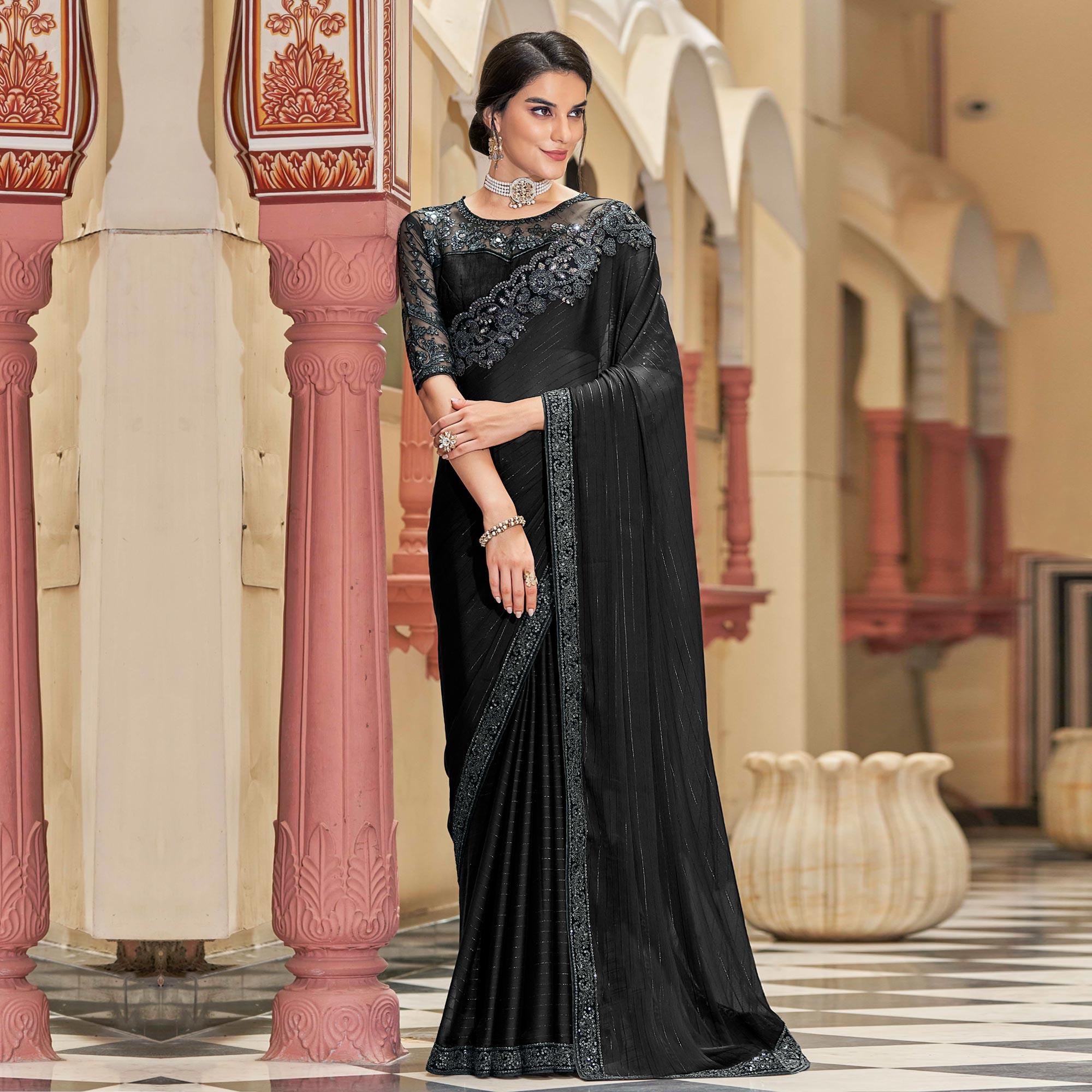 Black Floral Sequence Embroidered Art Silk Saree - Peachmode