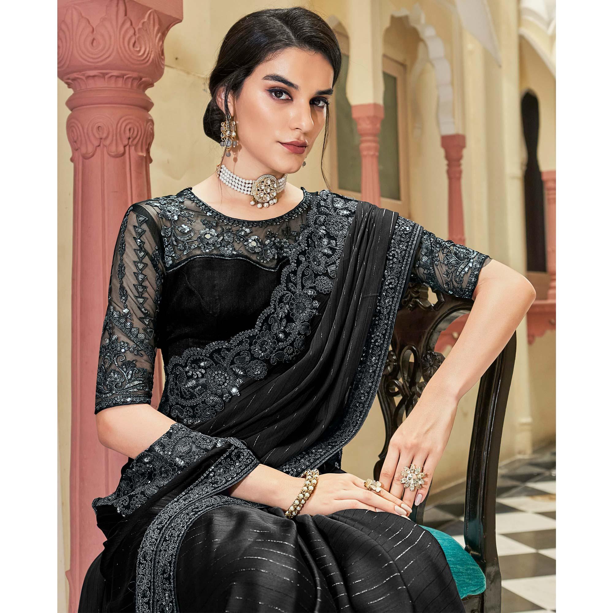 Black Floral Sequence Embroidered Art Silk Saree - Peachmode
