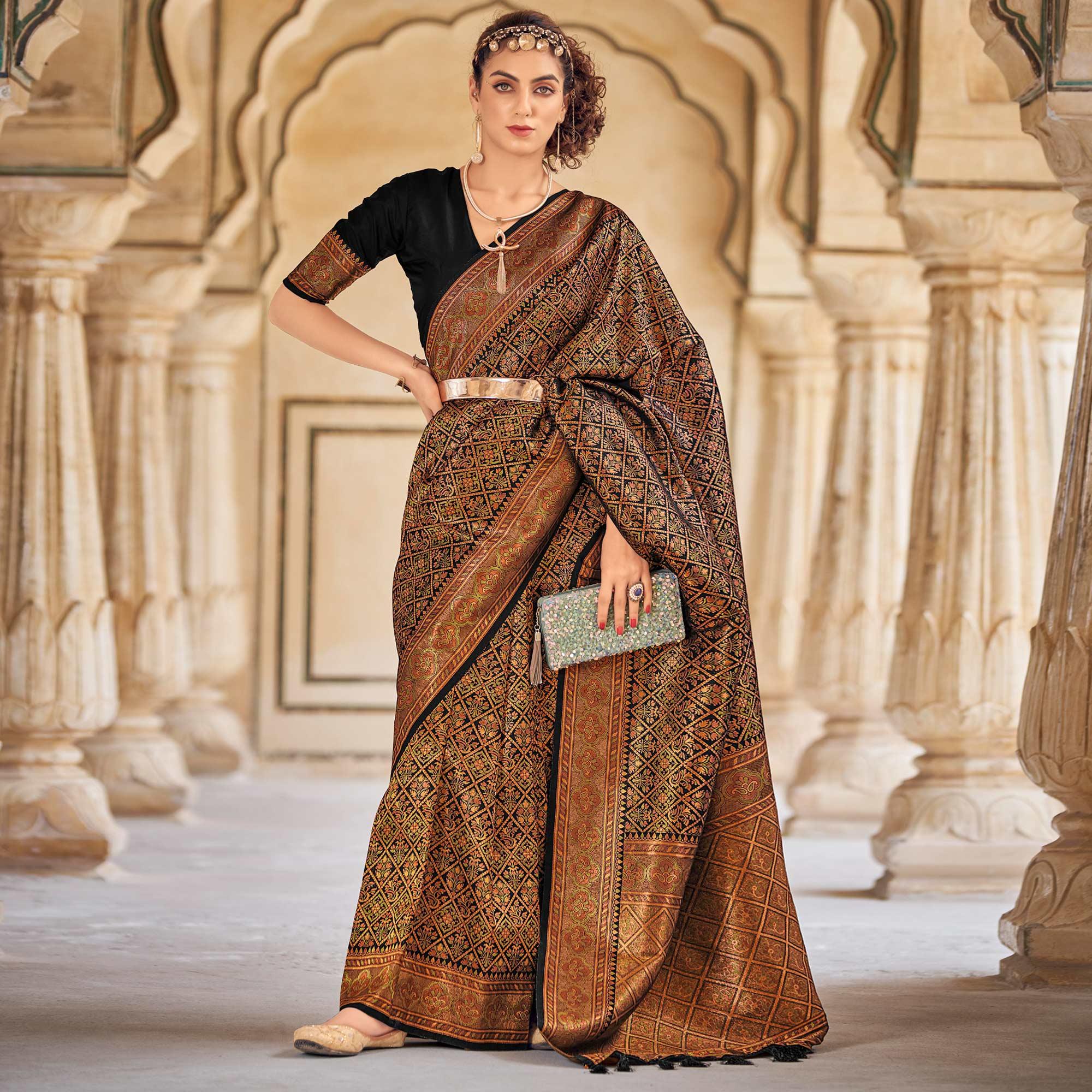 Black Floral Woven Art Silk Saree - Peachmode
