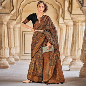 Black Floral Woven Art Silk Saree - Peachmode