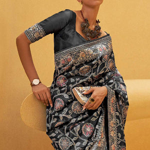 Black Floral Woven Art Silk Saree - Peachmode