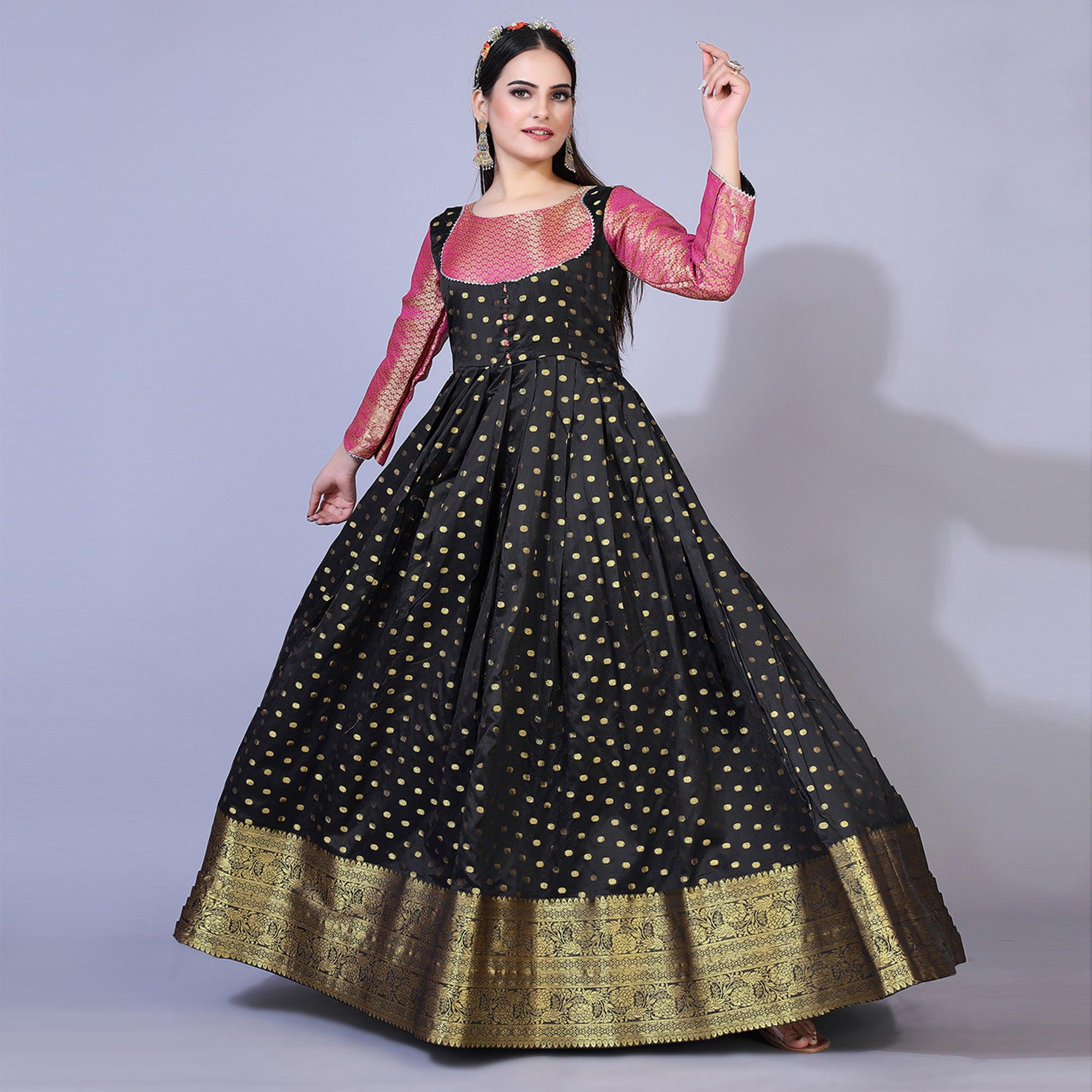 Black Floral Woven Jacquard Anarkali Style Gown - Peachmode