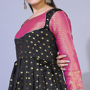 Black Floral Woven Jacquard Anarkali Style Gown - Peachmode