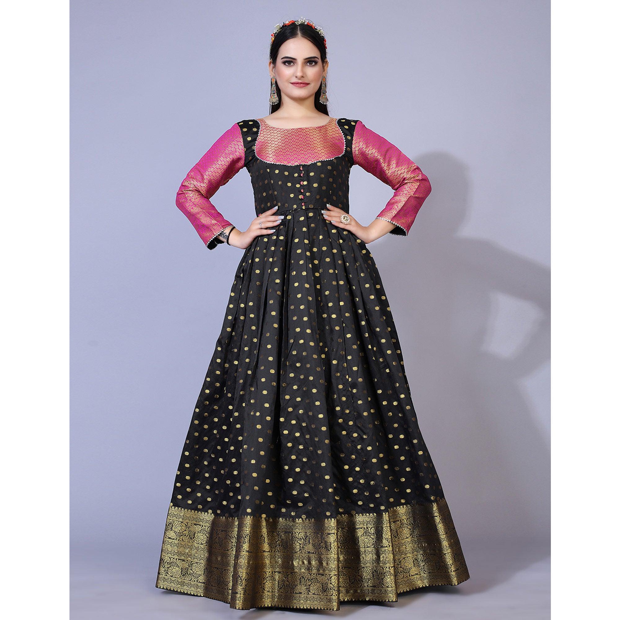 Black Floral Woven Jacquard Anarkali Style Gown - Peachmode