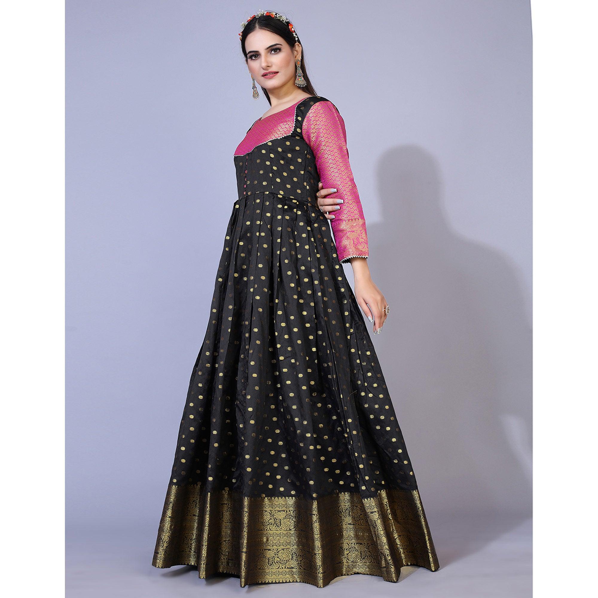 Black Floral Woven Jacquard Anarkali Style Gown - Peachmode