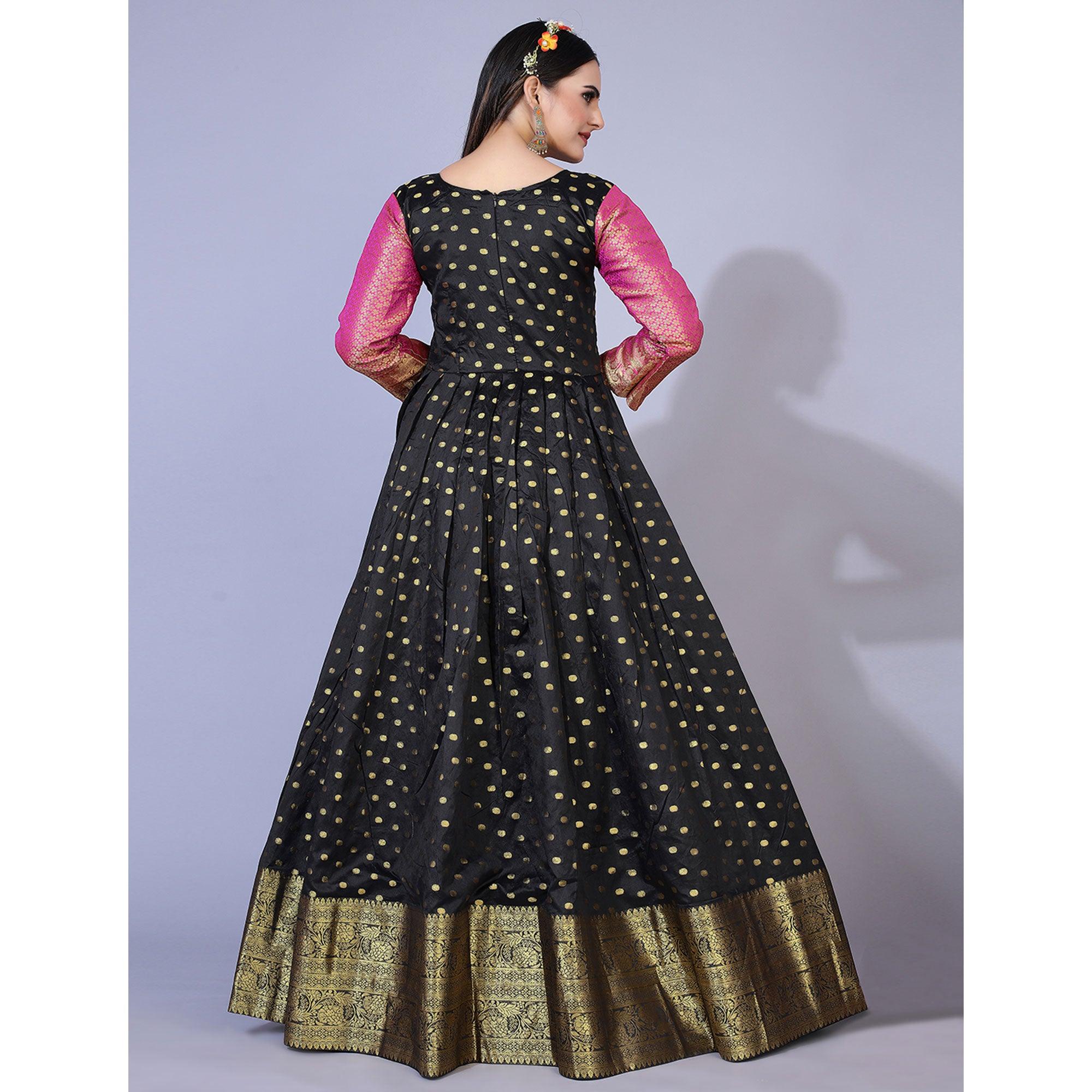 Black Floral Woven Jacquard Anarkali Style Gown - Peachmode
