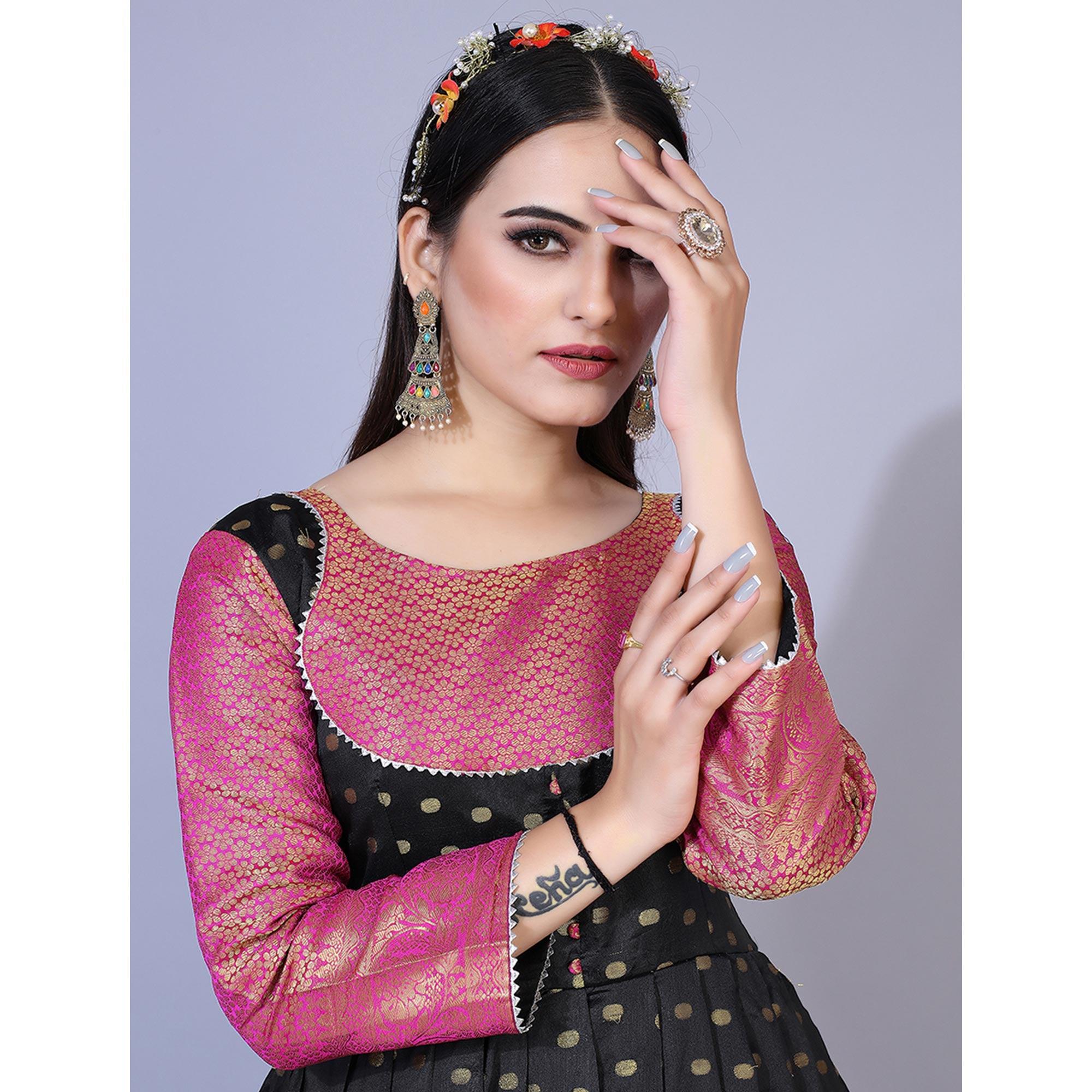 Black Floral Woven Jacquard Anarkali Style Gown - Peachmode