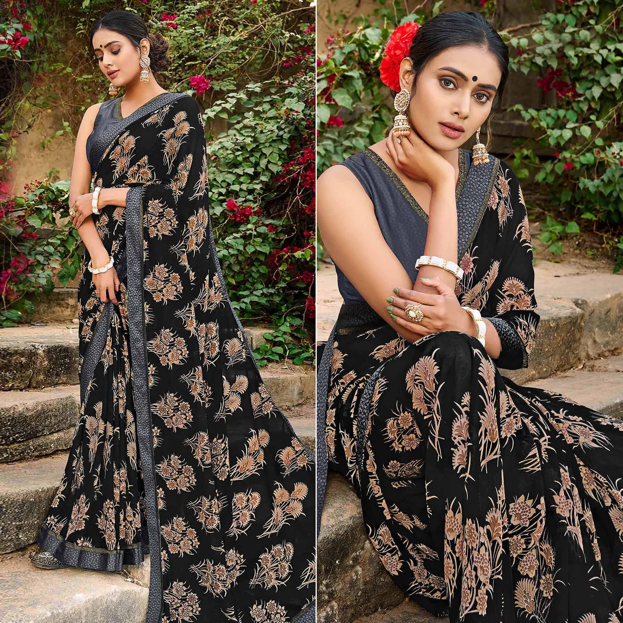 Black Foil Printed Georgette Saree - Peachmode