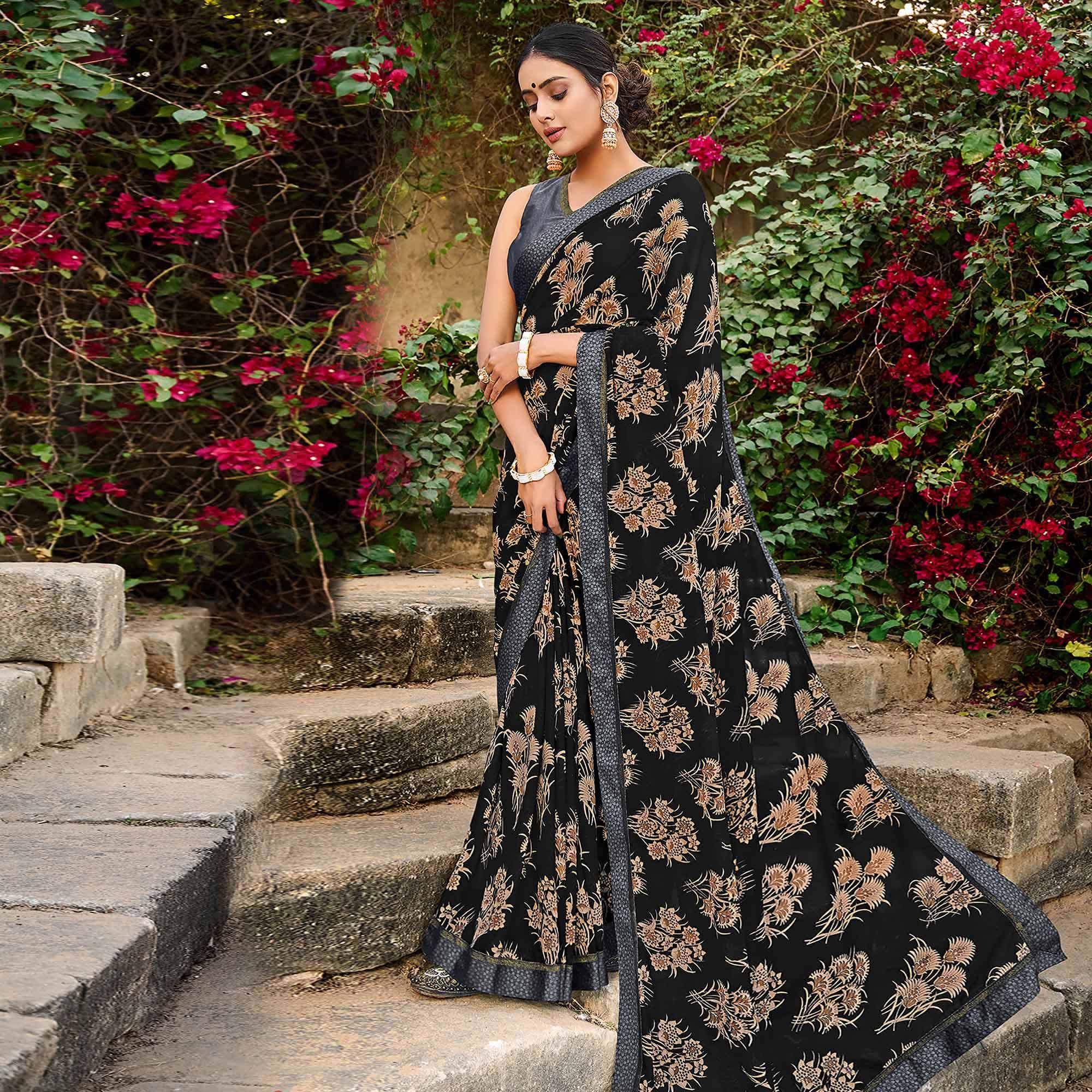 Black Foil Printed Georgette Saree - Peachmode