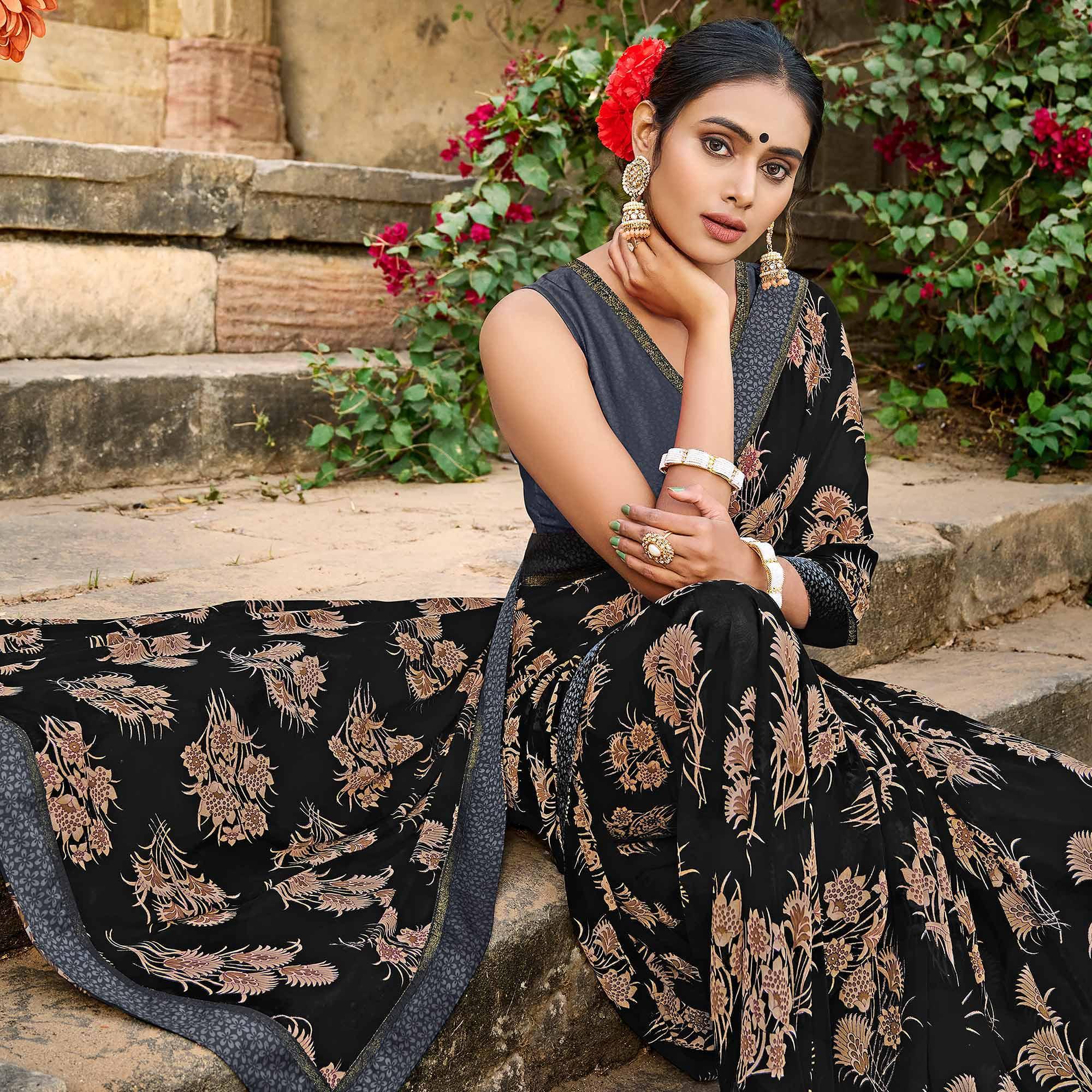 Black Foil Printed Georgette Saree - Peachmode