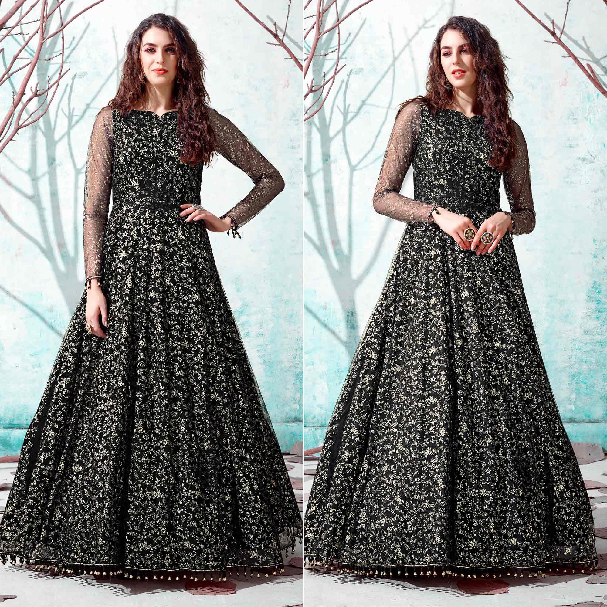 Black Foil Printed Netted Gown - Peachmode