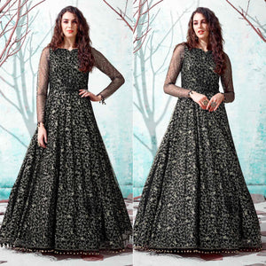 Black Foil Printed Netted Gown - Peachmode