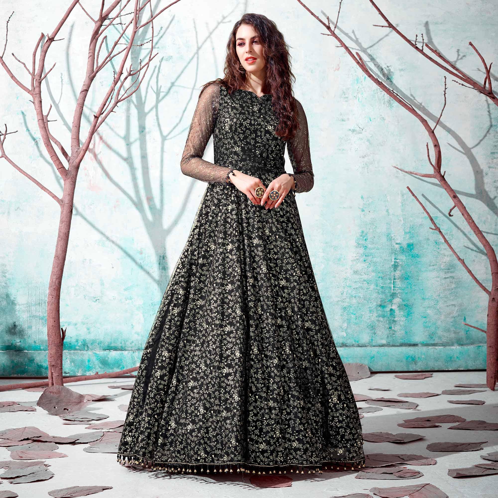 Black Foil Printed Netted Gown - Peachmode