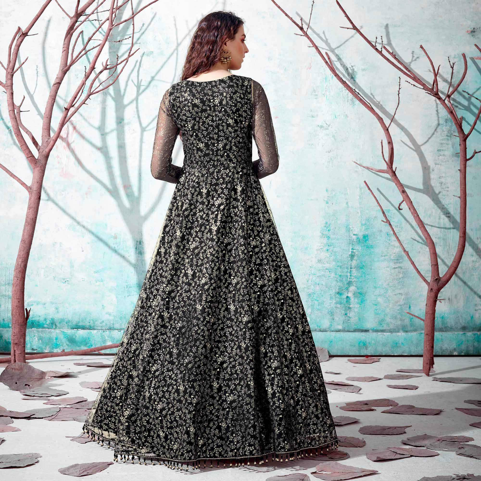 Black Foil Printed Netted Gown - Peachmode