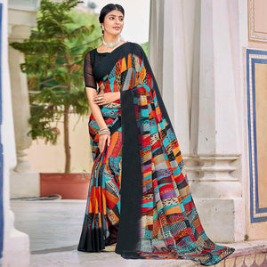 Black Geometric Printed Chiffon Saree - Peachmode