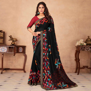 Black Geometric Printed Chiffon Saree - Peachmode