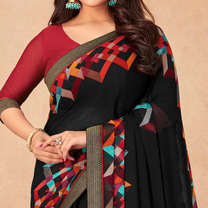 Black Geometric Printed Chiffon Saree - Peachmode