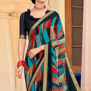 Black Geometric Printed Chiffon Saree - Peachmode