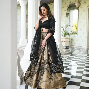 Black-Gold Partywear Woven Zari Banarasi Jacquard Lehenga Choli - Peachmode