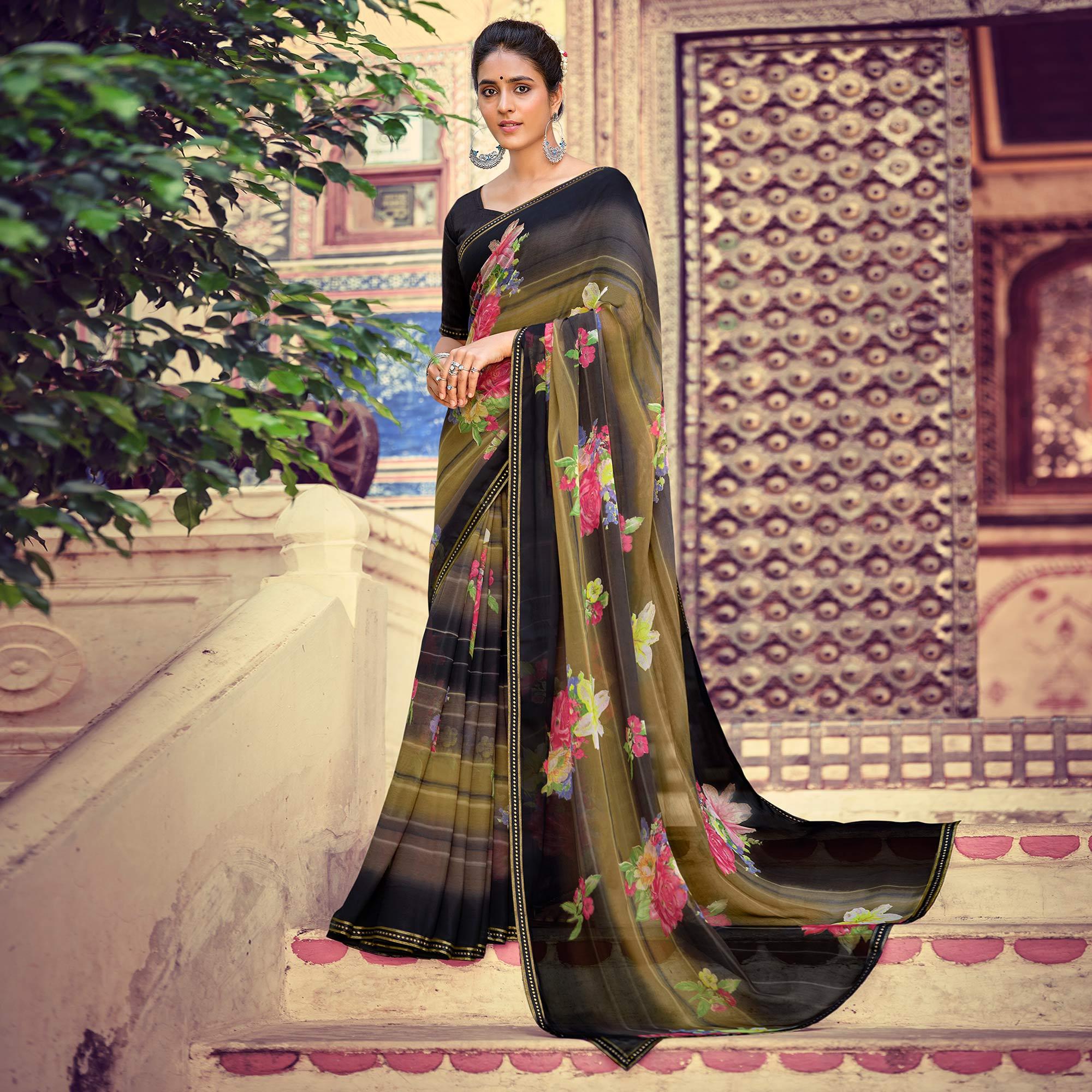 Black-Green Casual Wear Floral Printed Chiffon Saree With Fancy Blouse - Peachmode