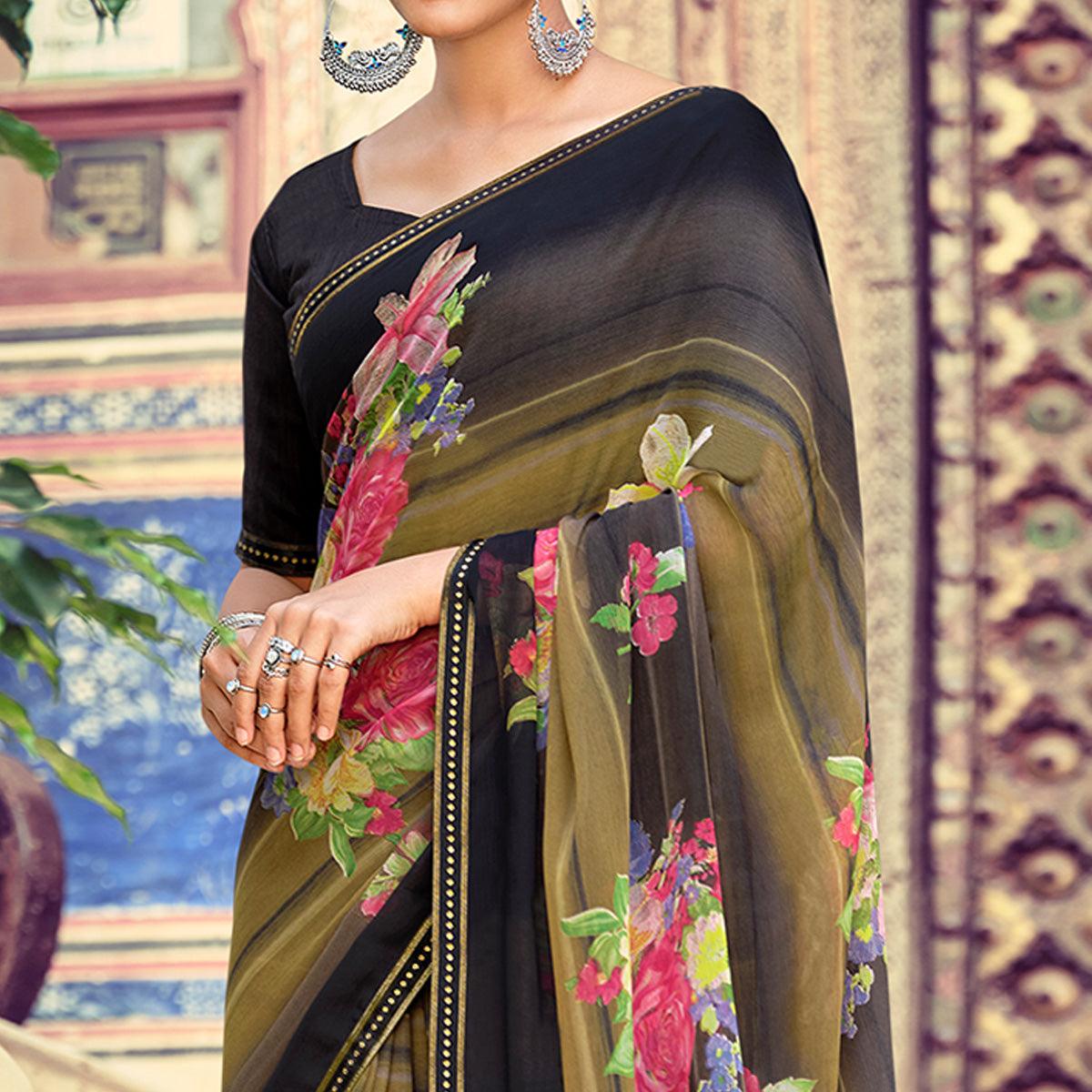 Black-Green Casual Wear Floral Printed Chiffon Saree With Fancy Blouse - Peachmode