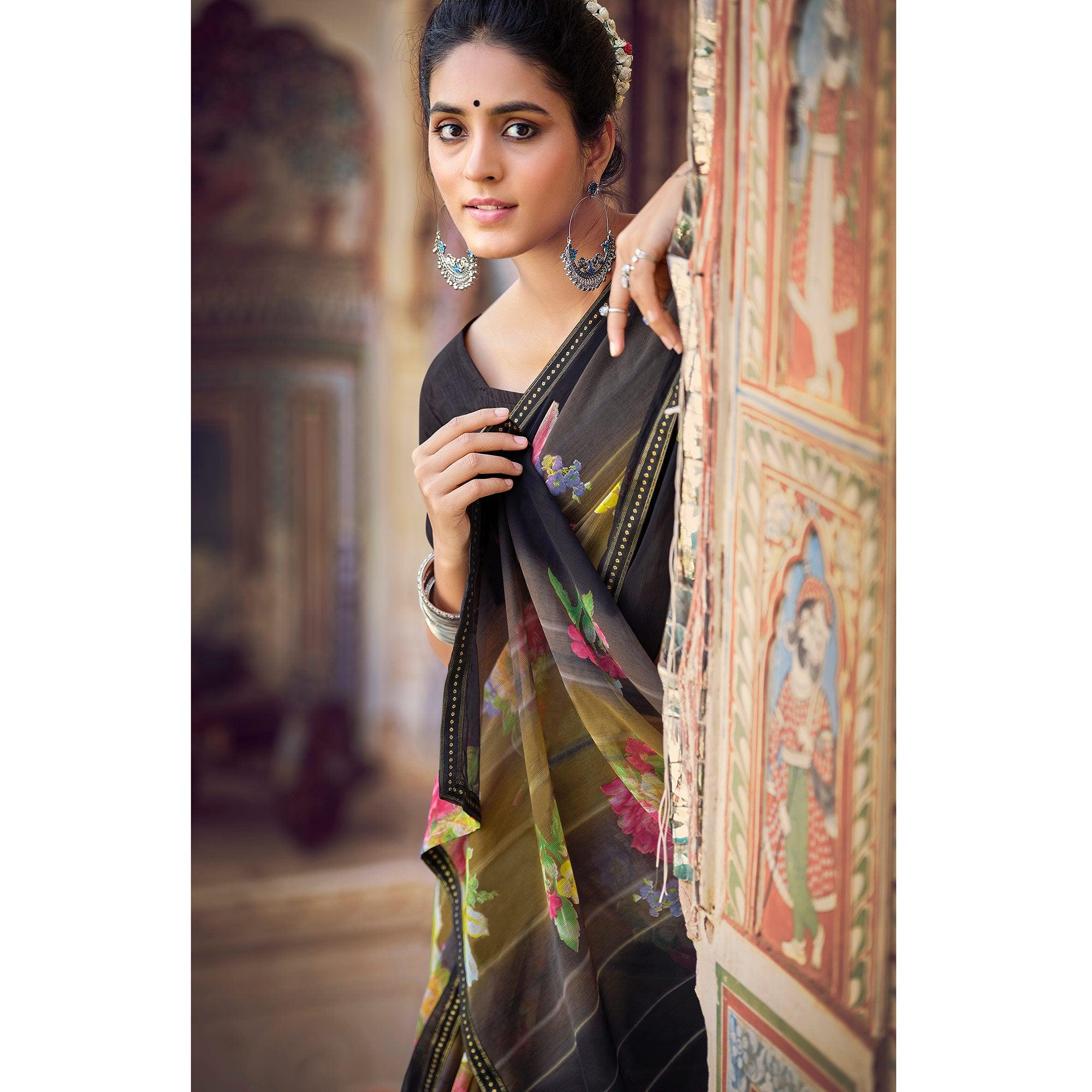 Black-Green Casual Wear Floral Printed Chiffon Saree With Fancy Blouse - Peachmode