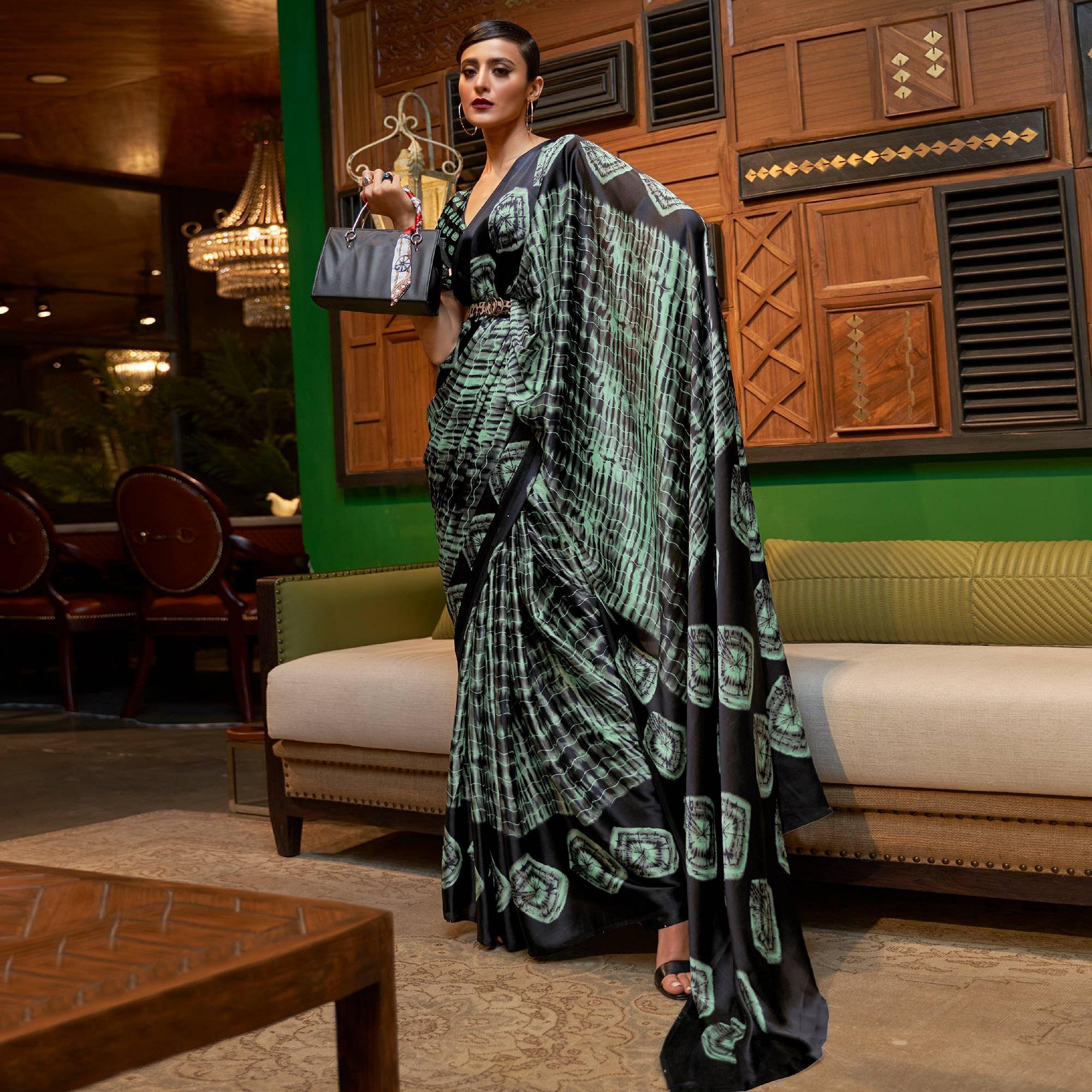 Black-Green Casual Wear Printed Satin Silk Saree - Peachmode