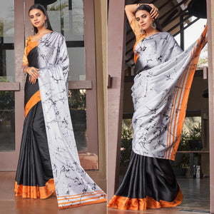 Black-Grey Casual Wear Printed Satin Silk Saree - Peachmode