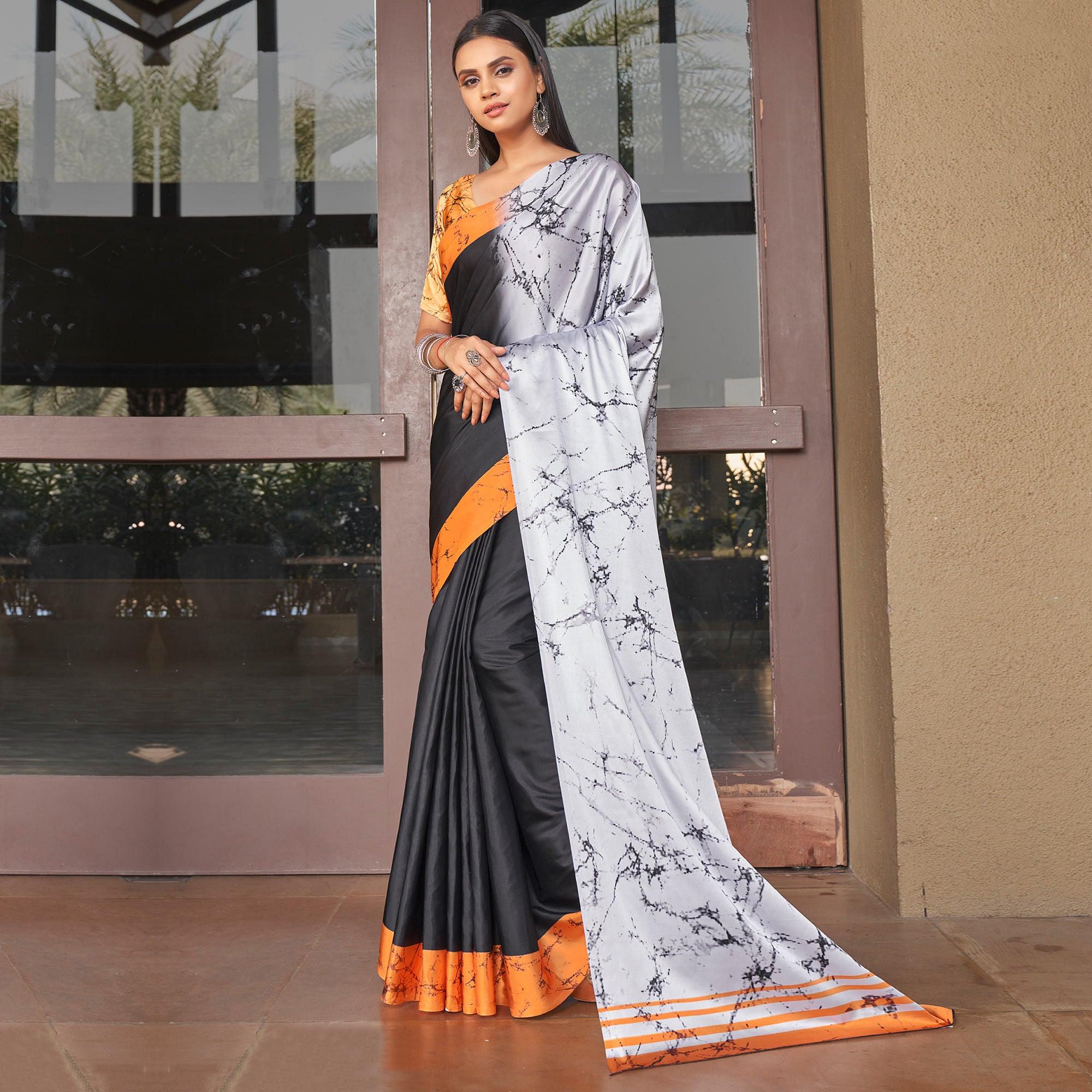 Black-Grey Casual Wear Printed Satin Silk Saree - Peachmode
