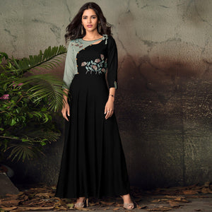 Black-Grey Floral Embroidered Rayon Kurti - Peachmode