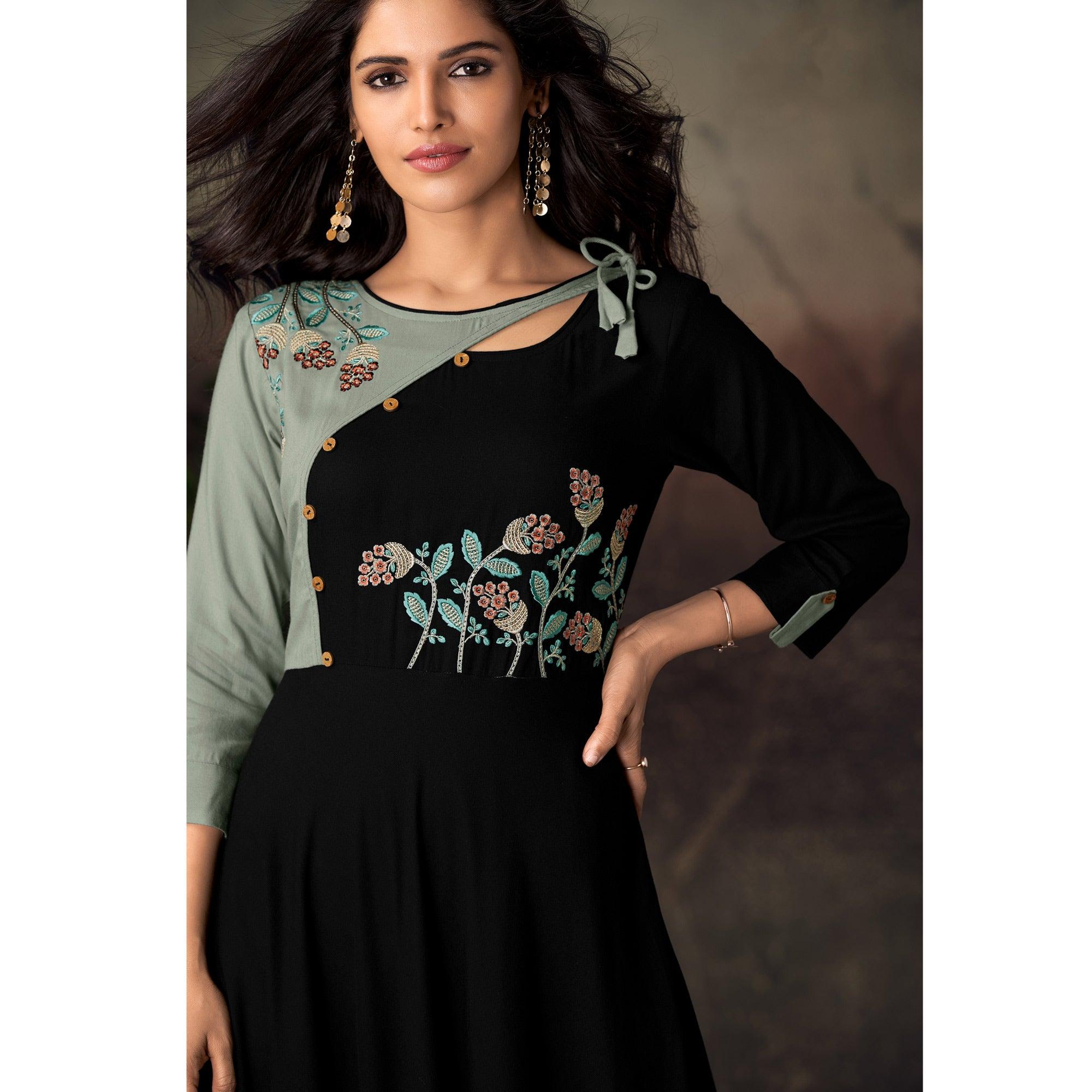 Black-Grey Floral Embroidered Rayon Kurti - Peachmode