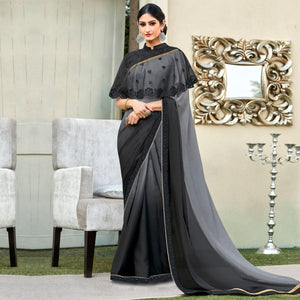 Black-Grey Partywear Designer Embroidery Lace Border Cadbury Chiffon Saree - Peachmode