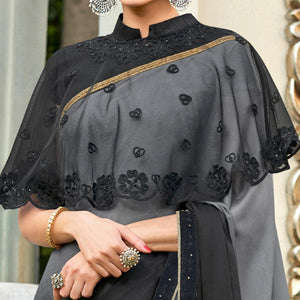 Black-Grey Partywear Designer Embroidery Lace Border Cadbury Chiffon Saree - Peachmode