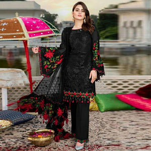 Black Heavy Floral Embroidery Work Georgette Partywear Suit - Peachmode