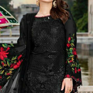 Black Heavy Floral Embroidery Work Georgette Partywear Suit - Peachmode