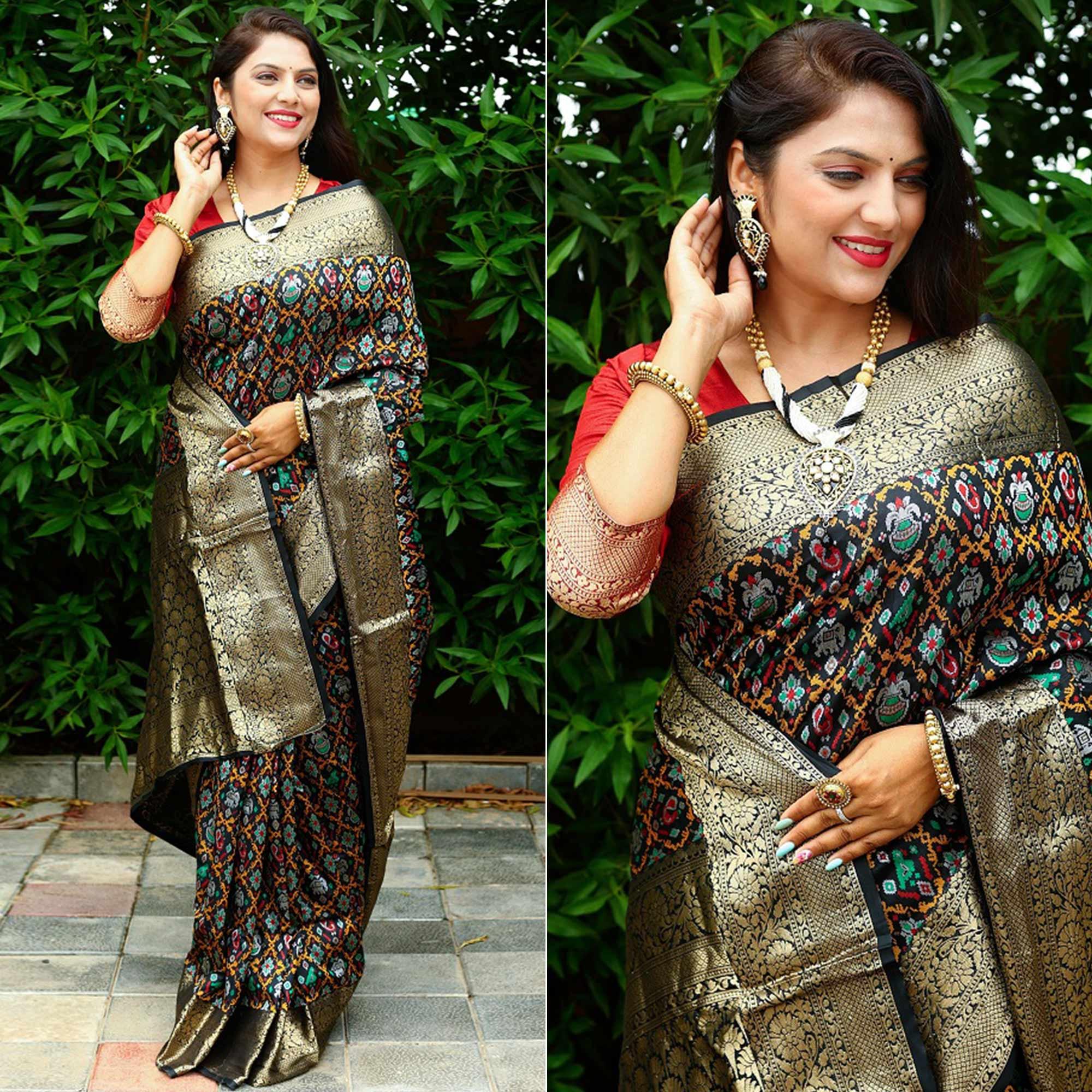 Black Ikkat Printed Art Silk Saree - Peachmode