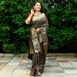 Black Ikkat Printed Art Silk Saree - Peachmode