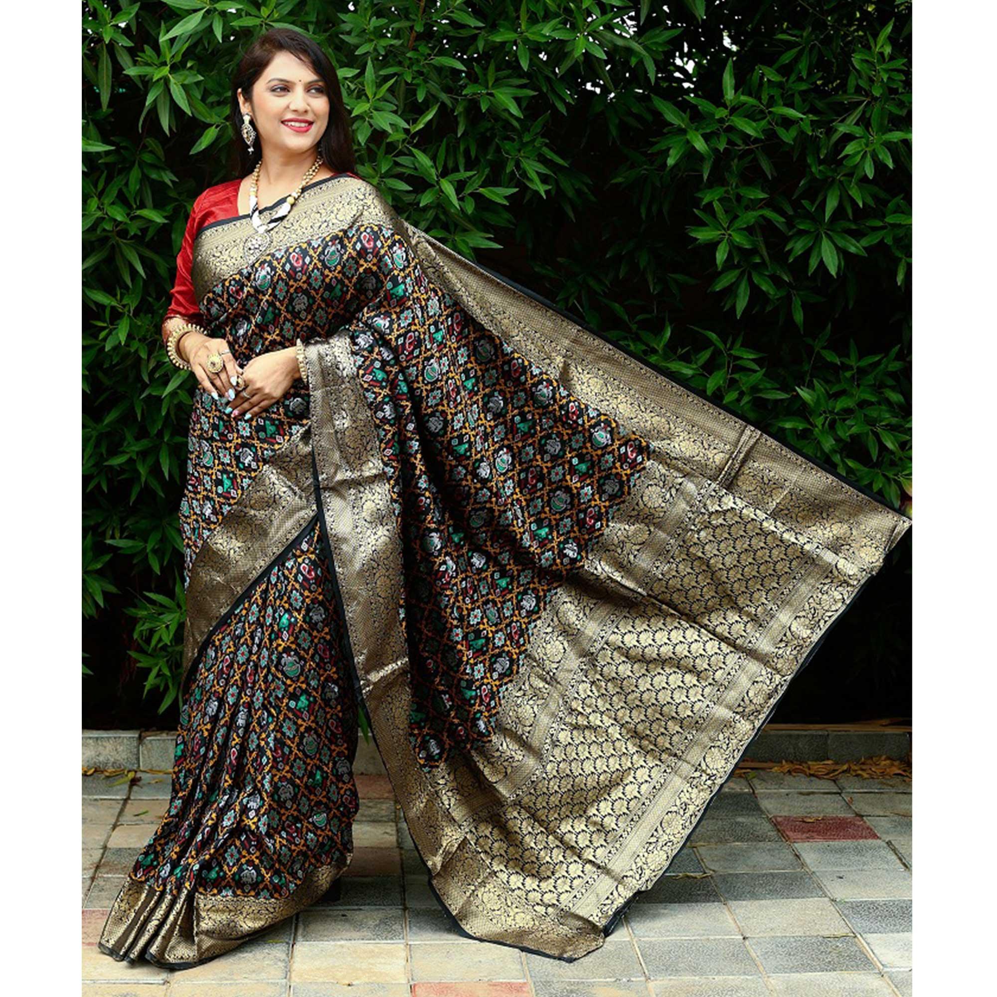 Black Ikkat Printed Art Silk Saree - Peachmode