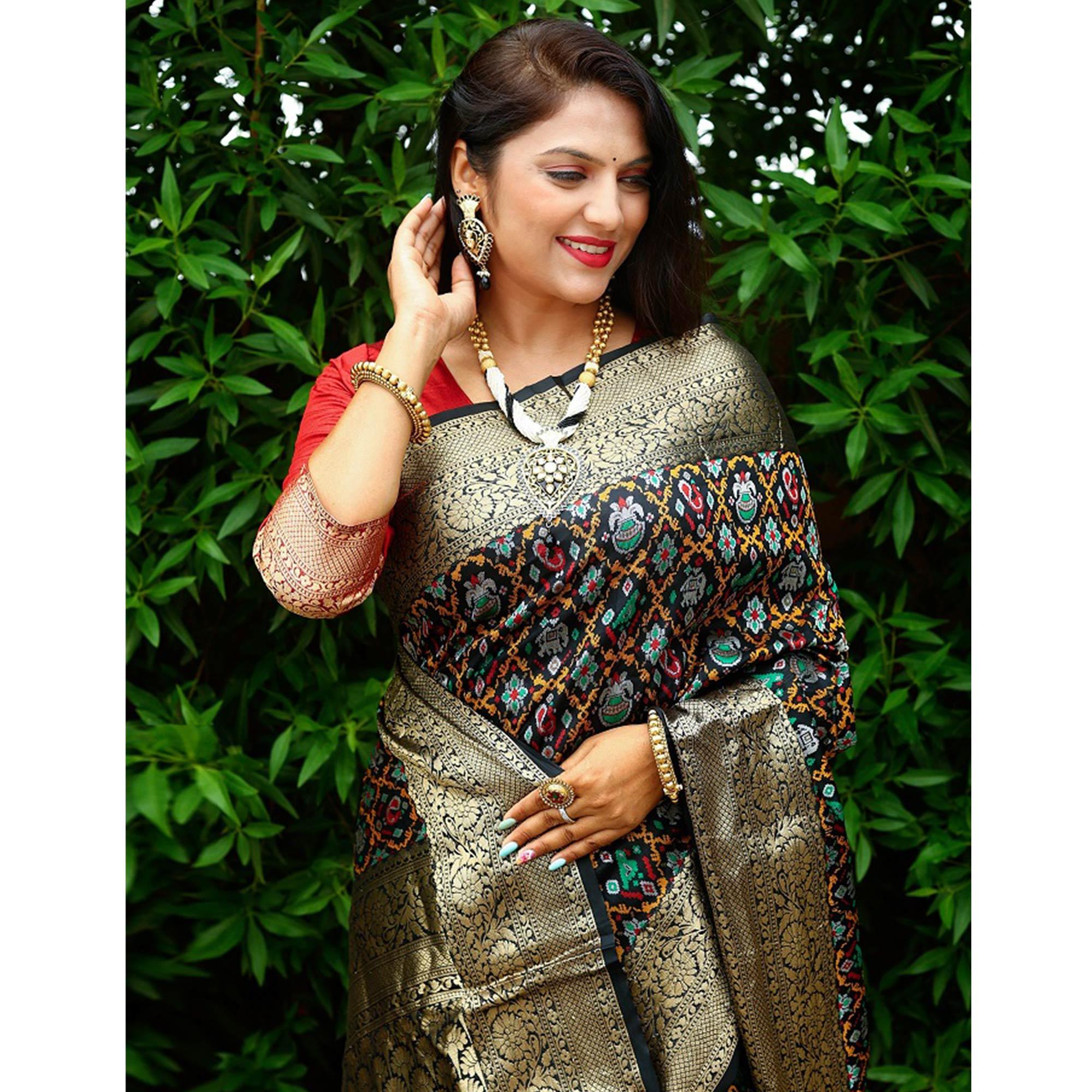 Black Ikkat Printed Art Silk Saree - Peachmode