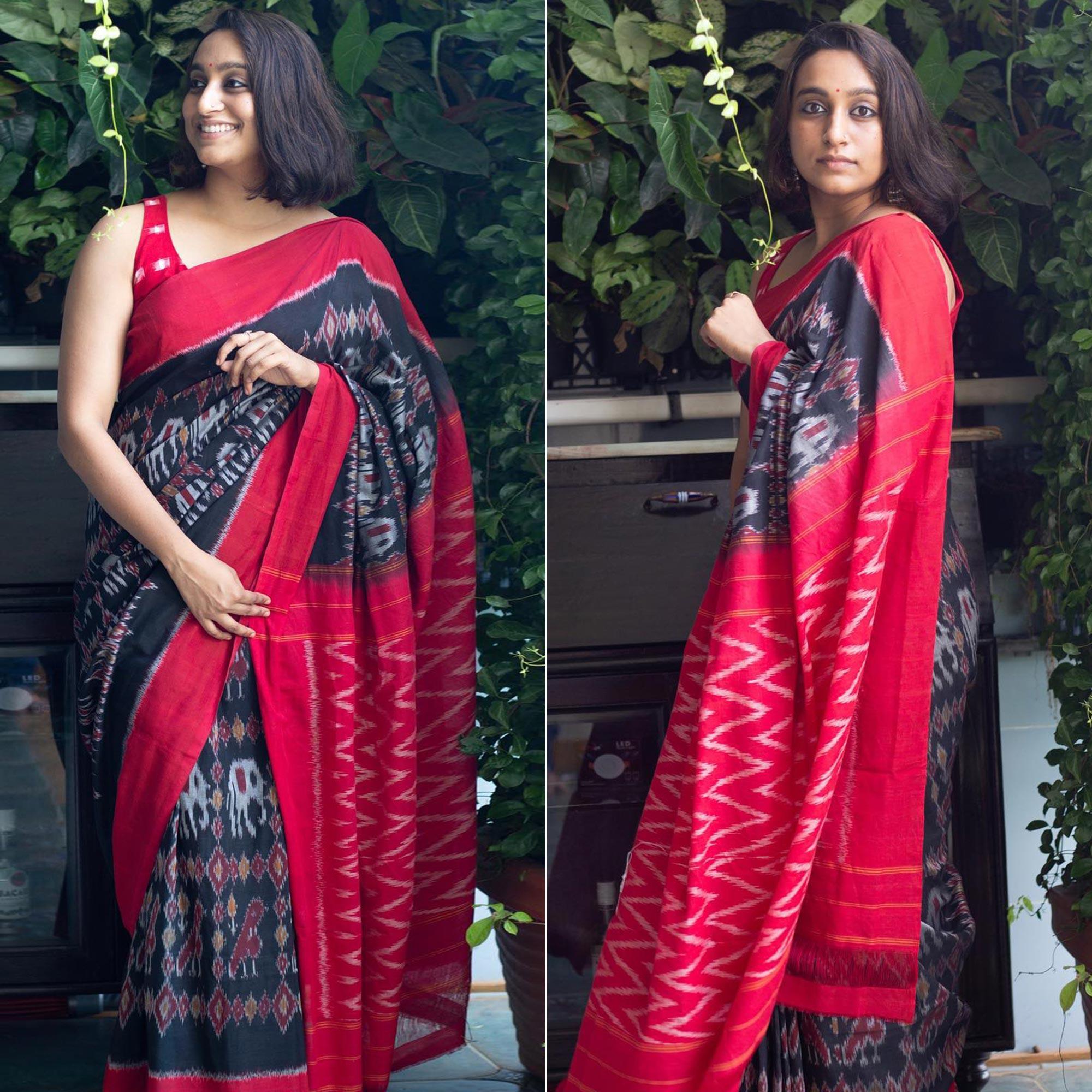 Black Ikkat Printed Linen Saree - Peachmode