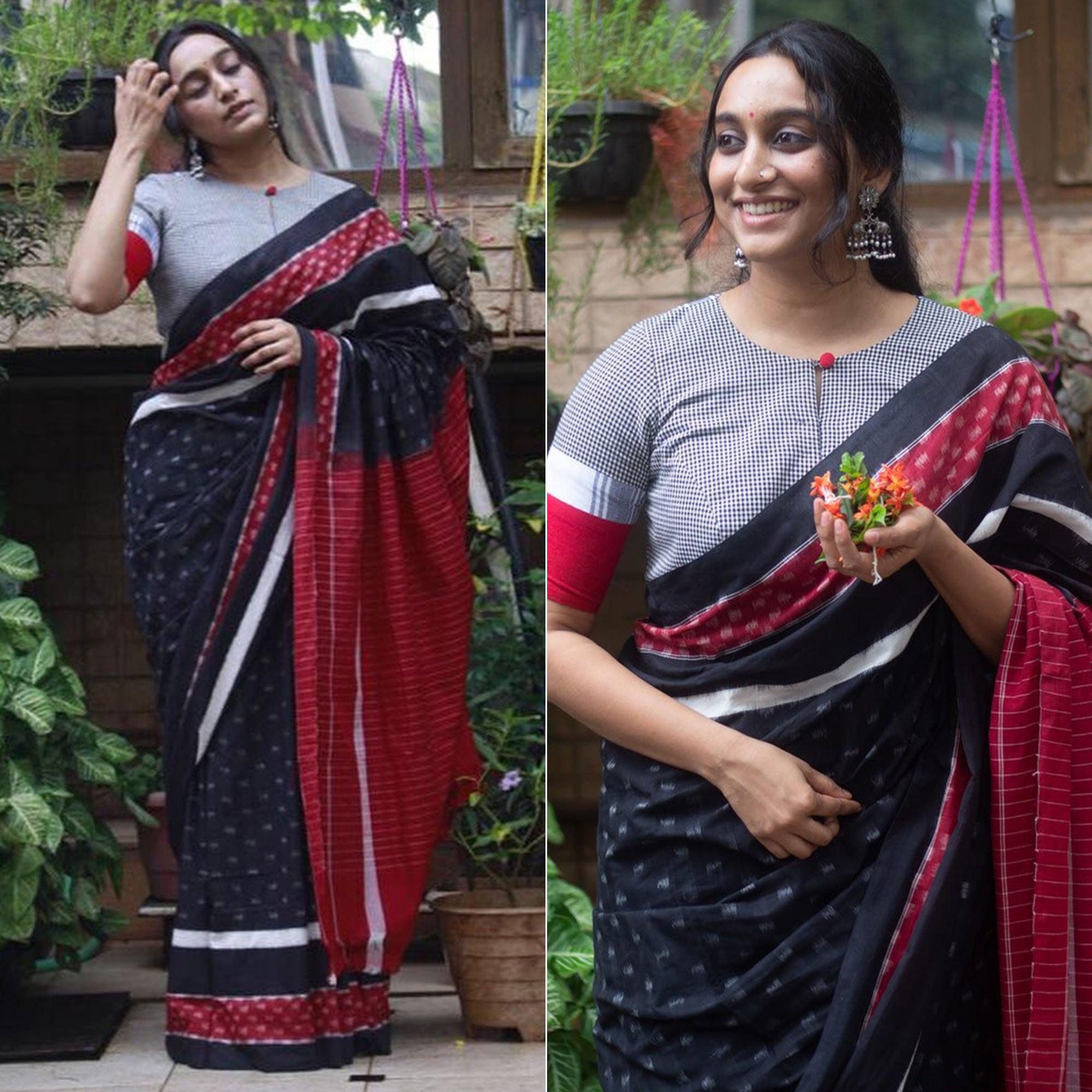 Black Ikkat Printed Linen Saree - Peachmode